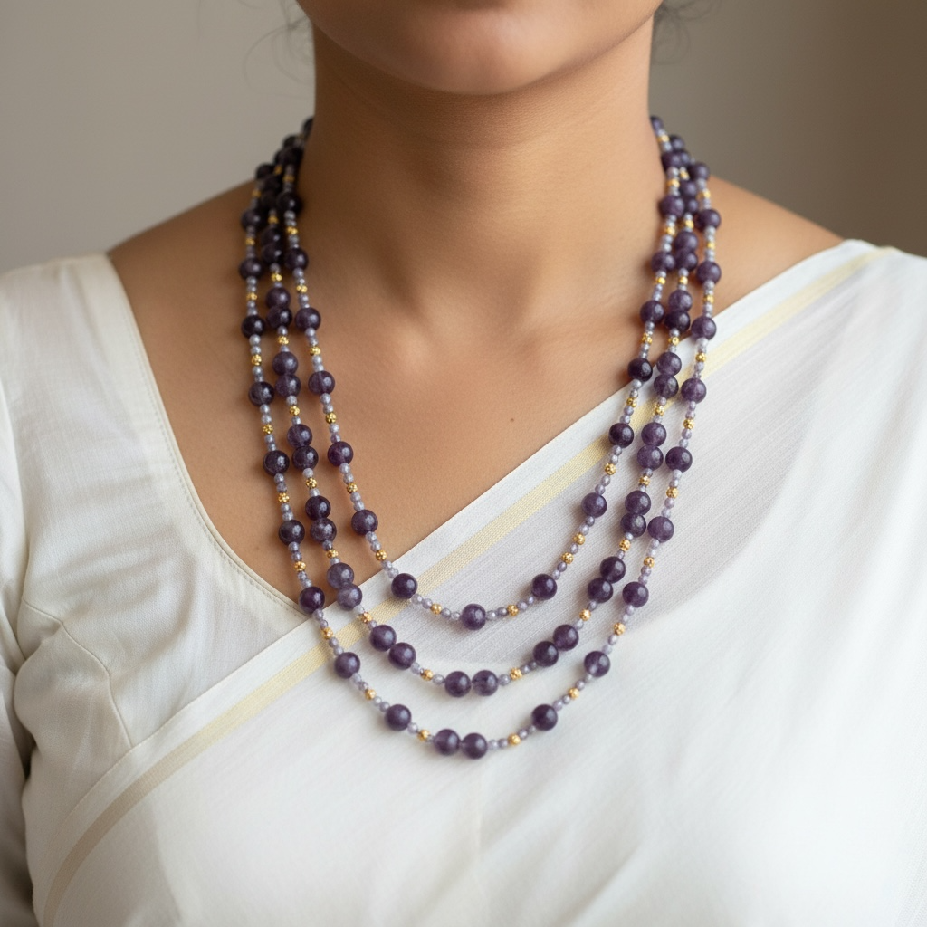 Amethyst 3 Layer Beaded Necklace with Anti Tarnish Golden Spacers