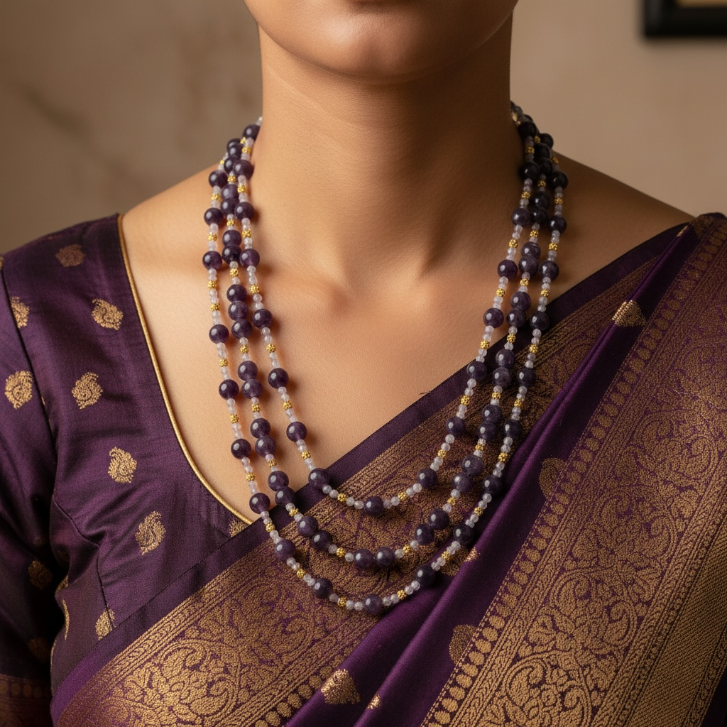 Amethyst 3 Layer Beaded Necklace with Anti Tarnish Golden Spacers