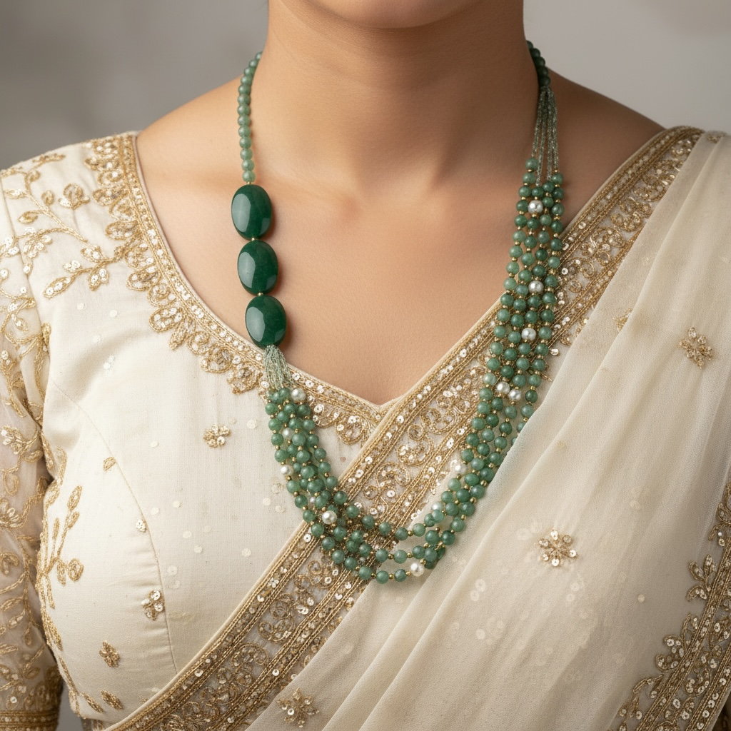Green Aventurine Beaded Necklace (Single & Triple Layer Mala) with Faceted Oval Stones for Prosperity