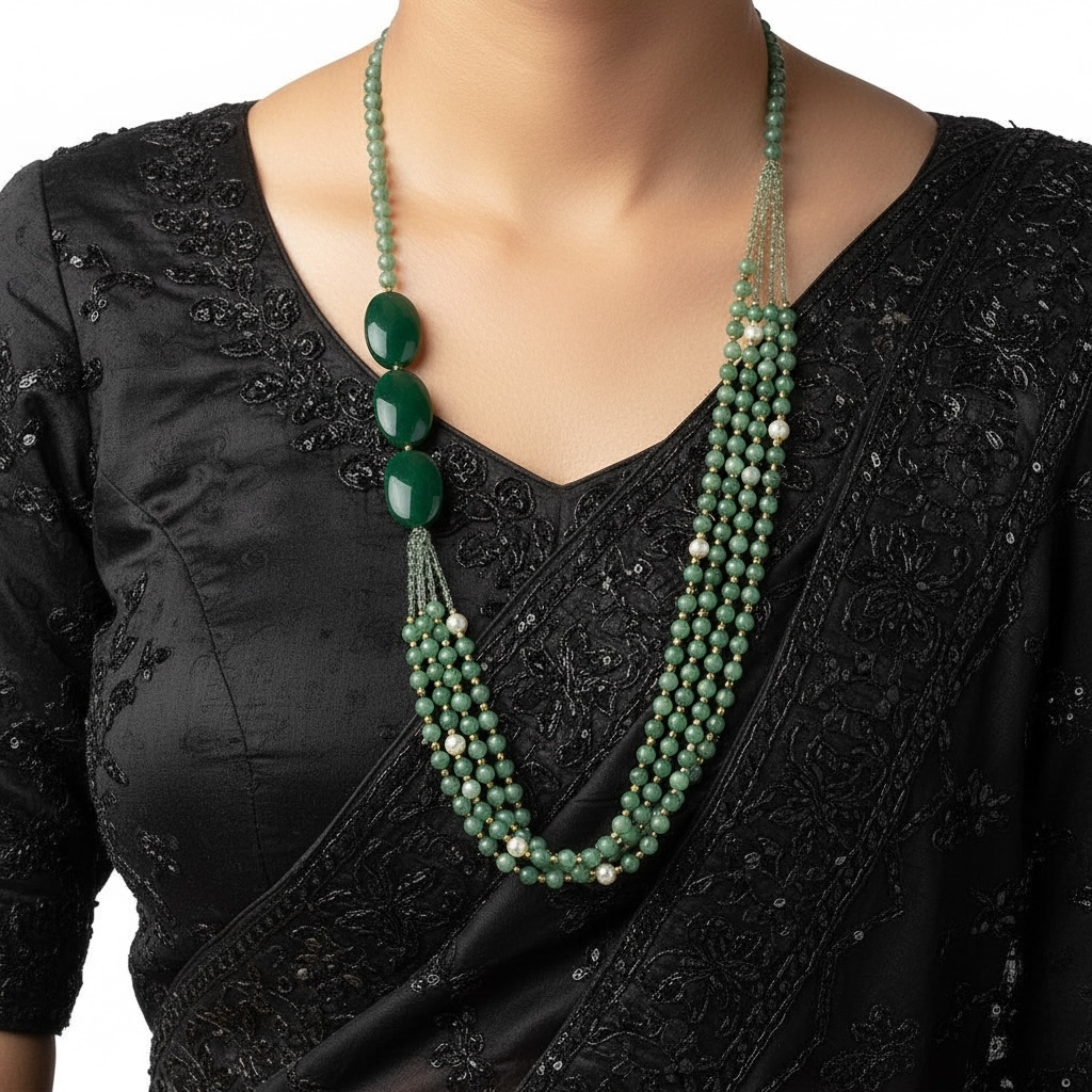 Green Aventurine Beaded Necklace (Single & Triple Layer Mala) with Faceted Oval Stones for Prosperity