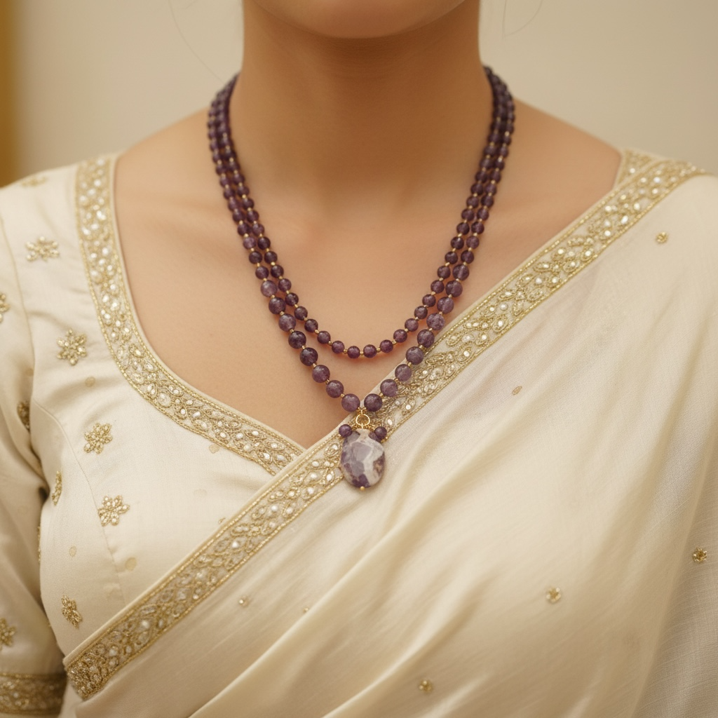 Amethyst Double Layer Necklace With oval Drop Pendant