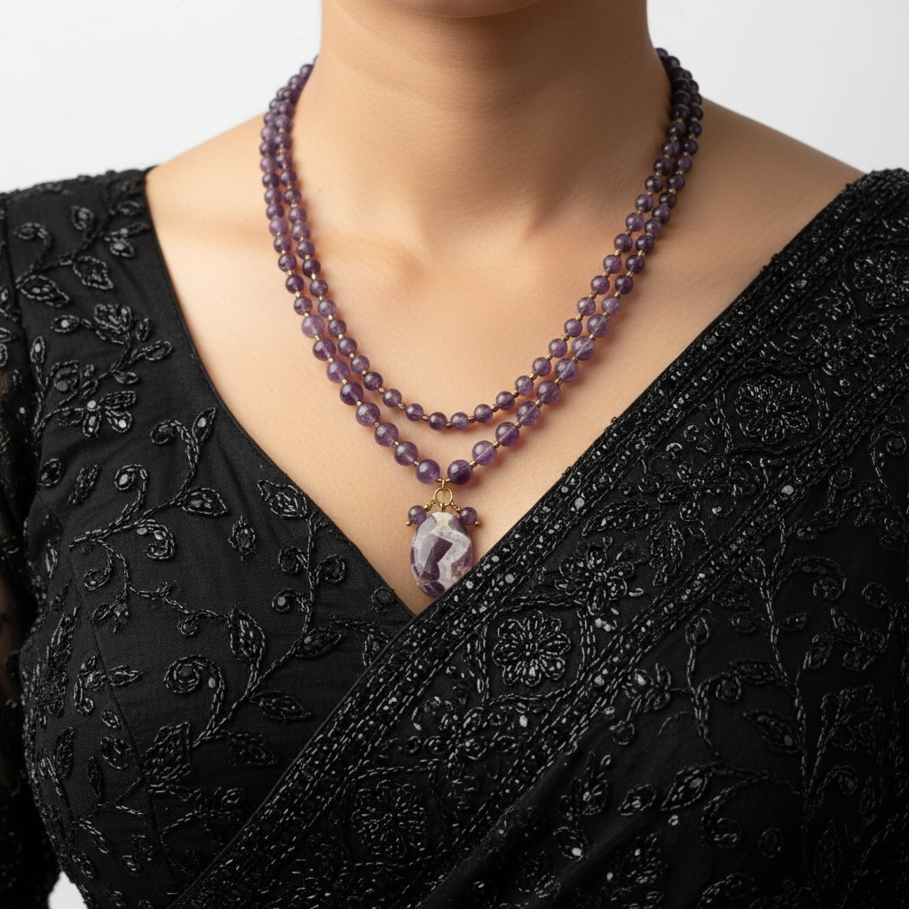 Amethyst Double Layer Necklace With oval Drop Pendant