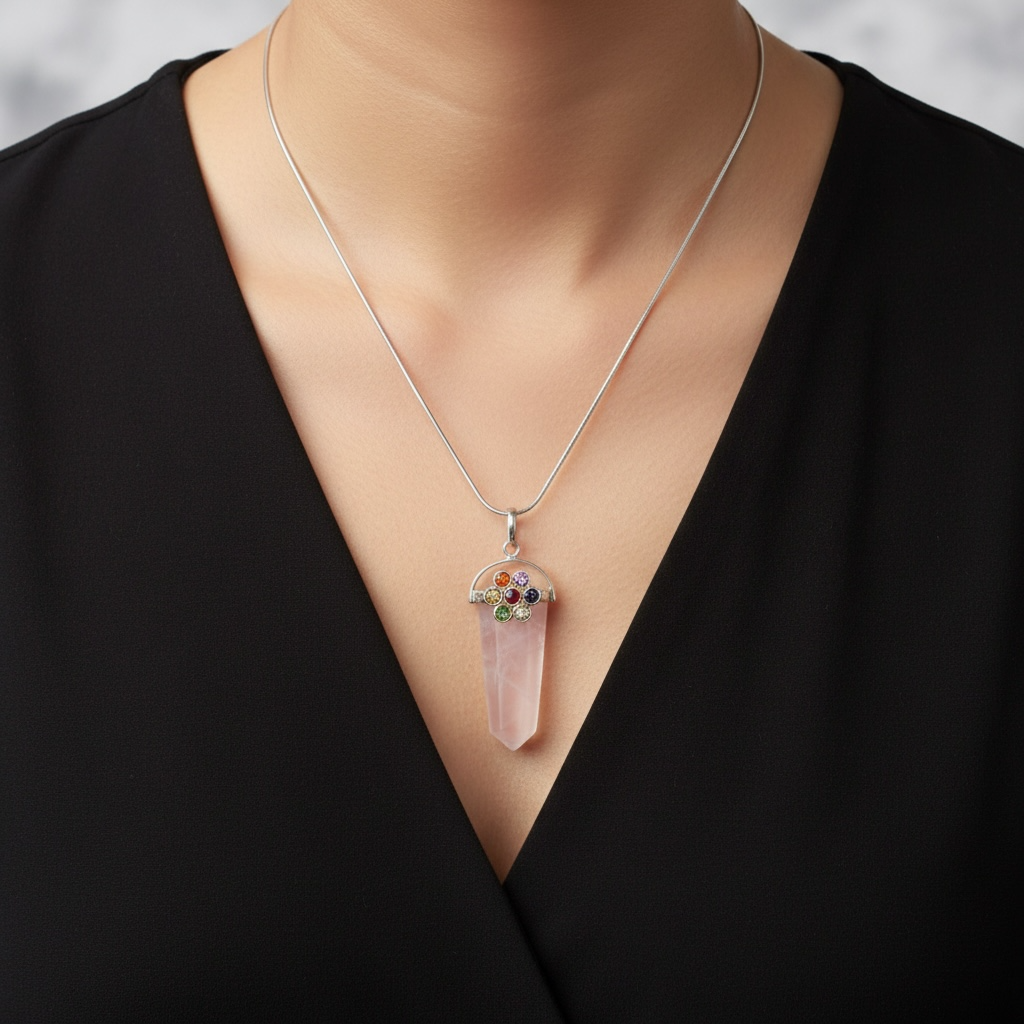 Rose Quartz Seven Chakra Pendant with Anti Tarnish Chain