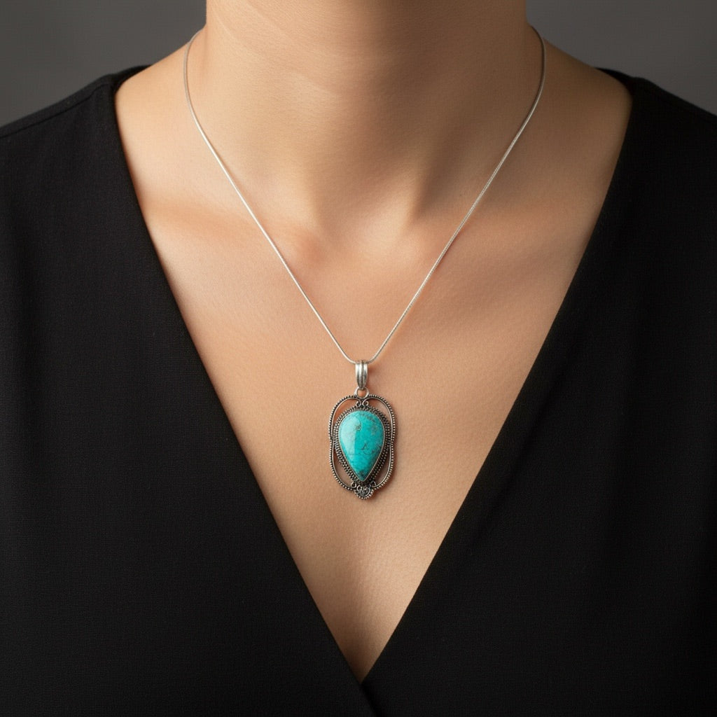 Natural Turquoise Oval Pendant – Stone of Protection, Healing & Divine Expression