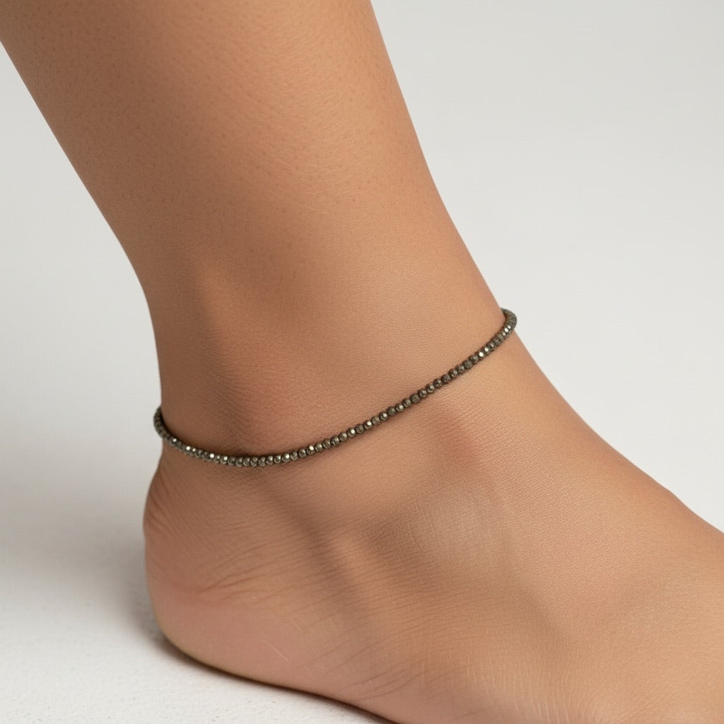 Pyrite 2mm Bead Anklet – Crystal of Wealth, Confidence & Protection