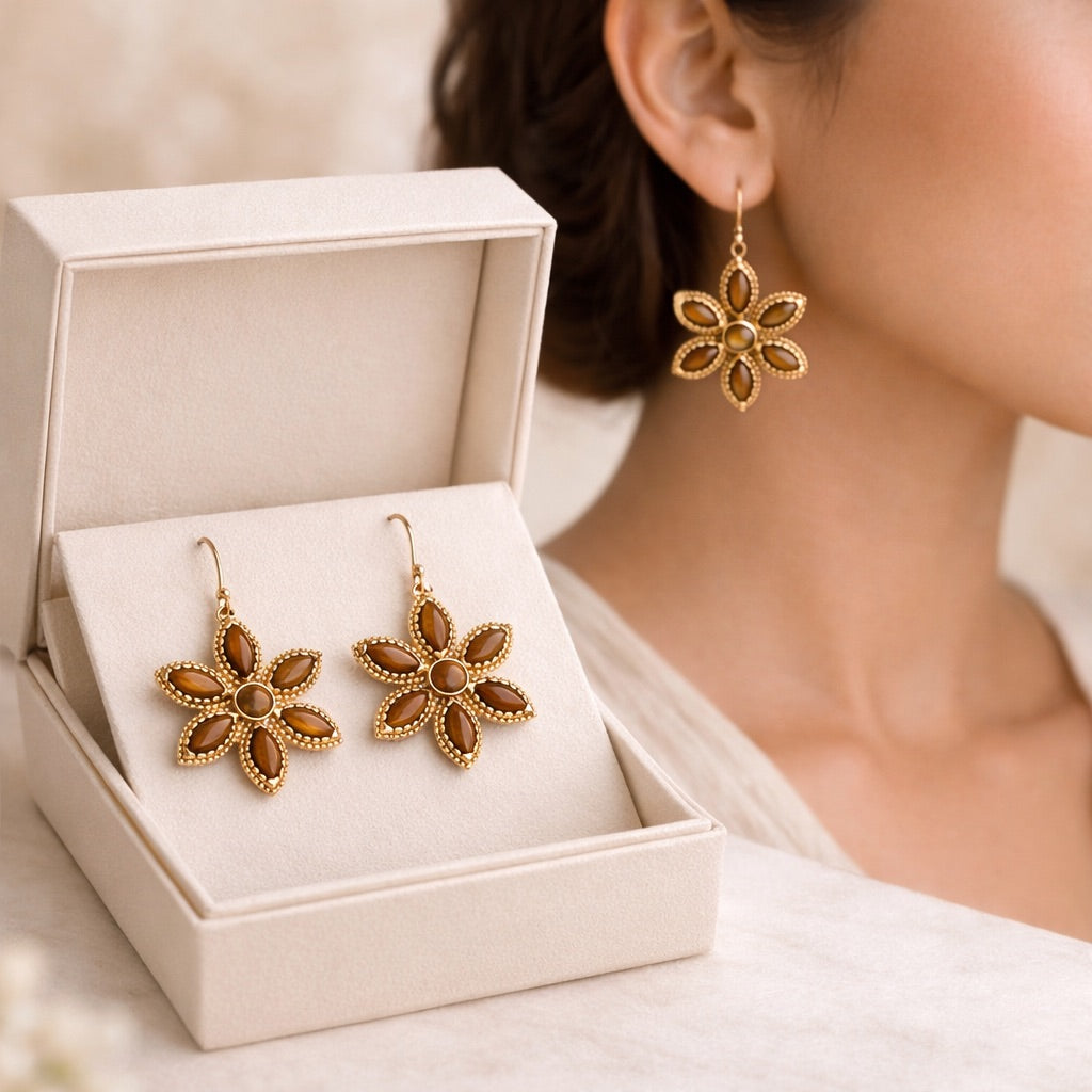 Tiger Eye Flower Style Earrings – Confidence, Protection & Inner Strength