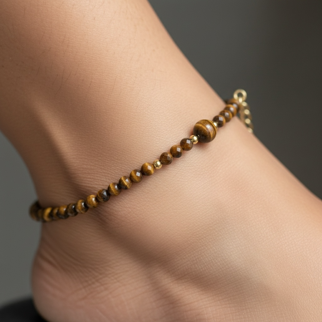 Tiger Eye 2mm Anklet With 4mm Bead – Crystal of Courage, Grounding & Protection