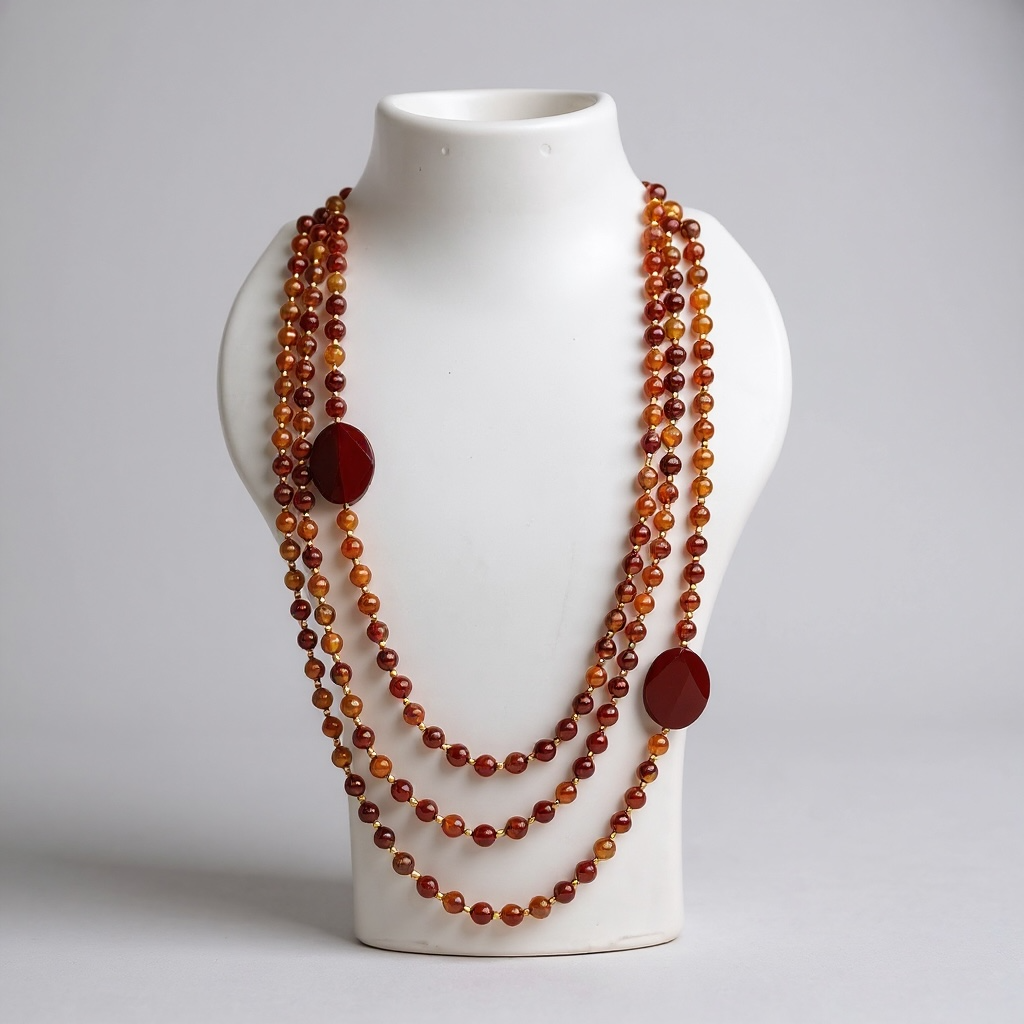 Carnelian Beaded Necklace (Triple Layer Mala) with Faceted Oval Stones for Motivation and Good Energy