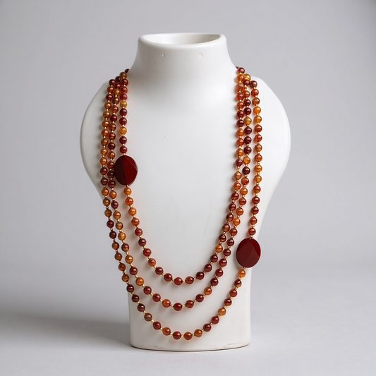 Carnelian Beaded Necklace (Triple Layer Mala) with Faceted Oval Stones for Motivation and Good Energy