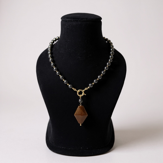 Black Tourmaline Beaded (Single Layer) Necklace with Geometric Pendant for Protection & Aura Cleansing