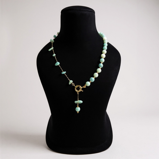 Amazonite Chips & Beaded Stone with Golden Y-Chain Necklace