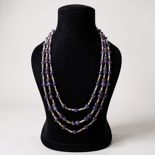 Amethyst 3 Layer Beaded Necklace with Anti Tarnish Golden Spacers