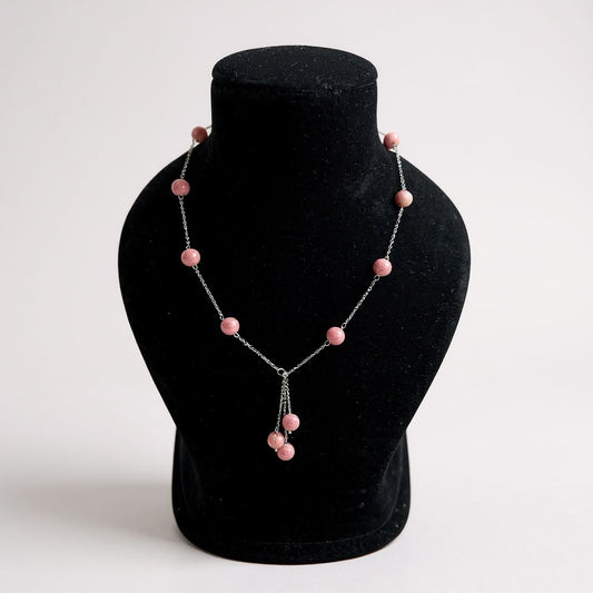 Pink Rhodonite Drop Beads —Silver Anti Tarnish Y-Chain Minimalist Necklace