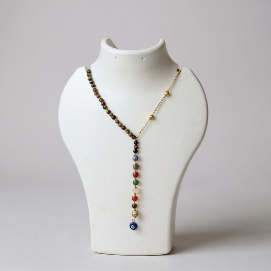 Tiger Eye with 7 Chakras Y-Shaped Beaded Necklace
