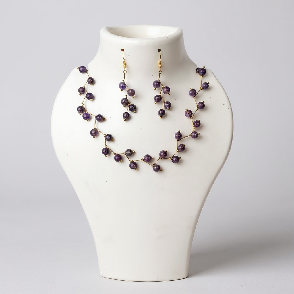 Amethyst Vine Design— Beaded choker Necklace with Earrings