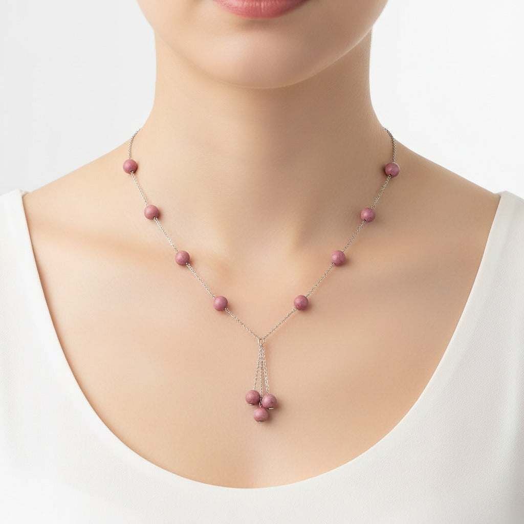 Pink Rhodonite Drop Beads —Silver Anti Tarnish Y-Chain Minimalist Necklace