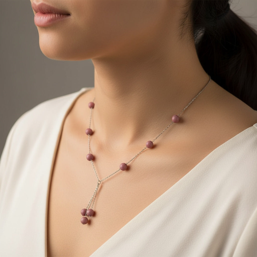 Pink Rhodonite Drop Beads —Silver Anti Tarnish Y-Chain Minimalist Necklace