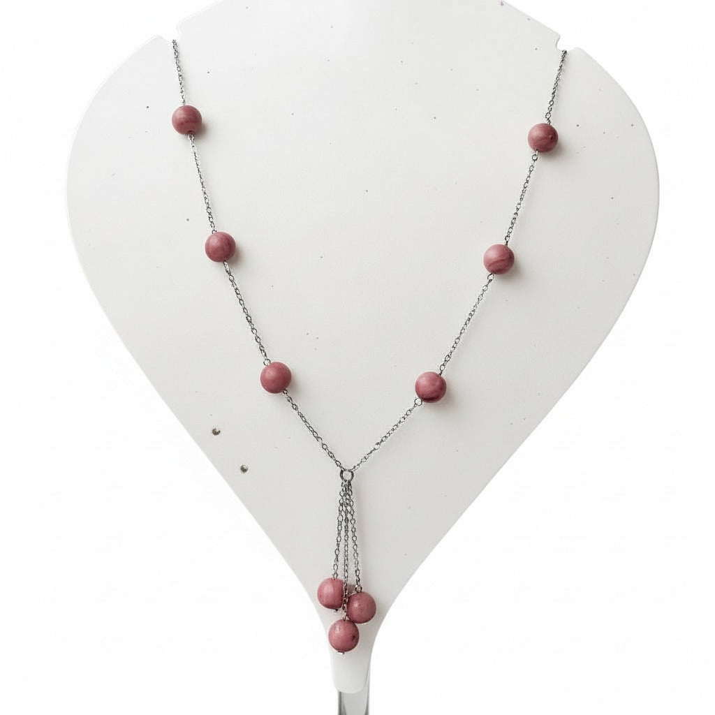 Pink Rhodonite Drop Beads —Silver Anti Tarnish Y-Chain Minimalist Necklace
