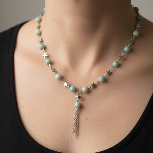 Natural Amazonite Stone minimalist Necklace with silver Stars connectors