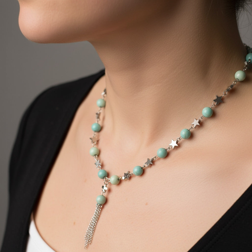 Natural Amazonite Stone minimalist Necklace with silver Stars connectors