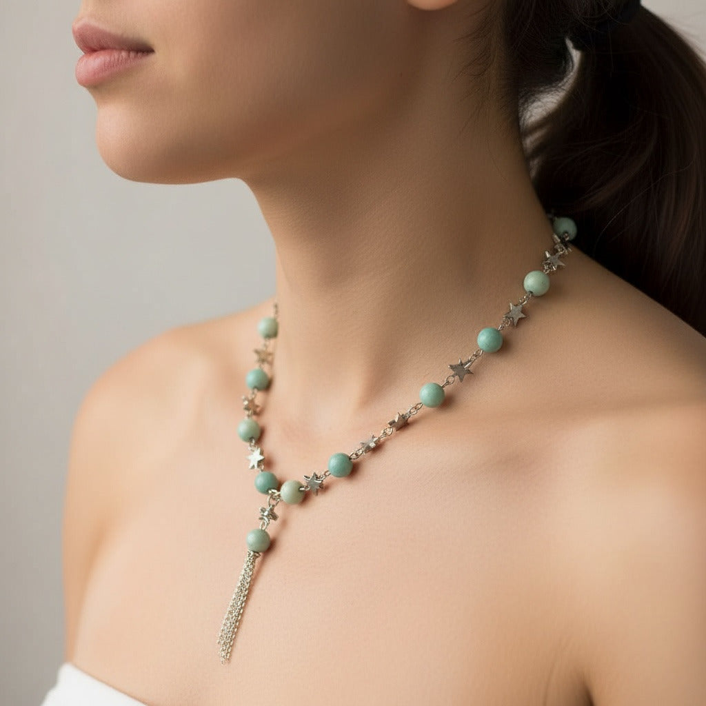 Natural Amazonite Stone minimalist Necklace with silver Stars connectors