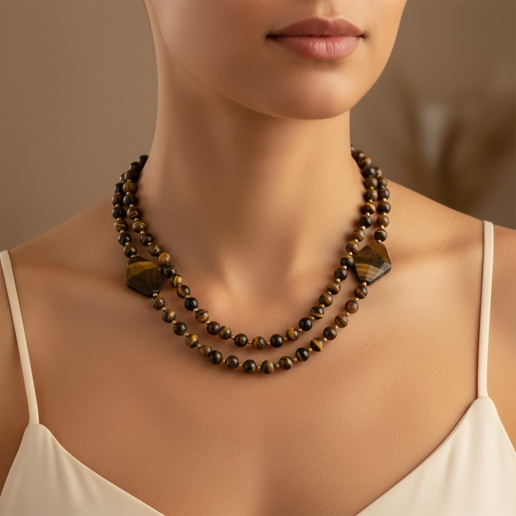 Tiger Eye Double Layer Beaded Necklace with Geometric Stones