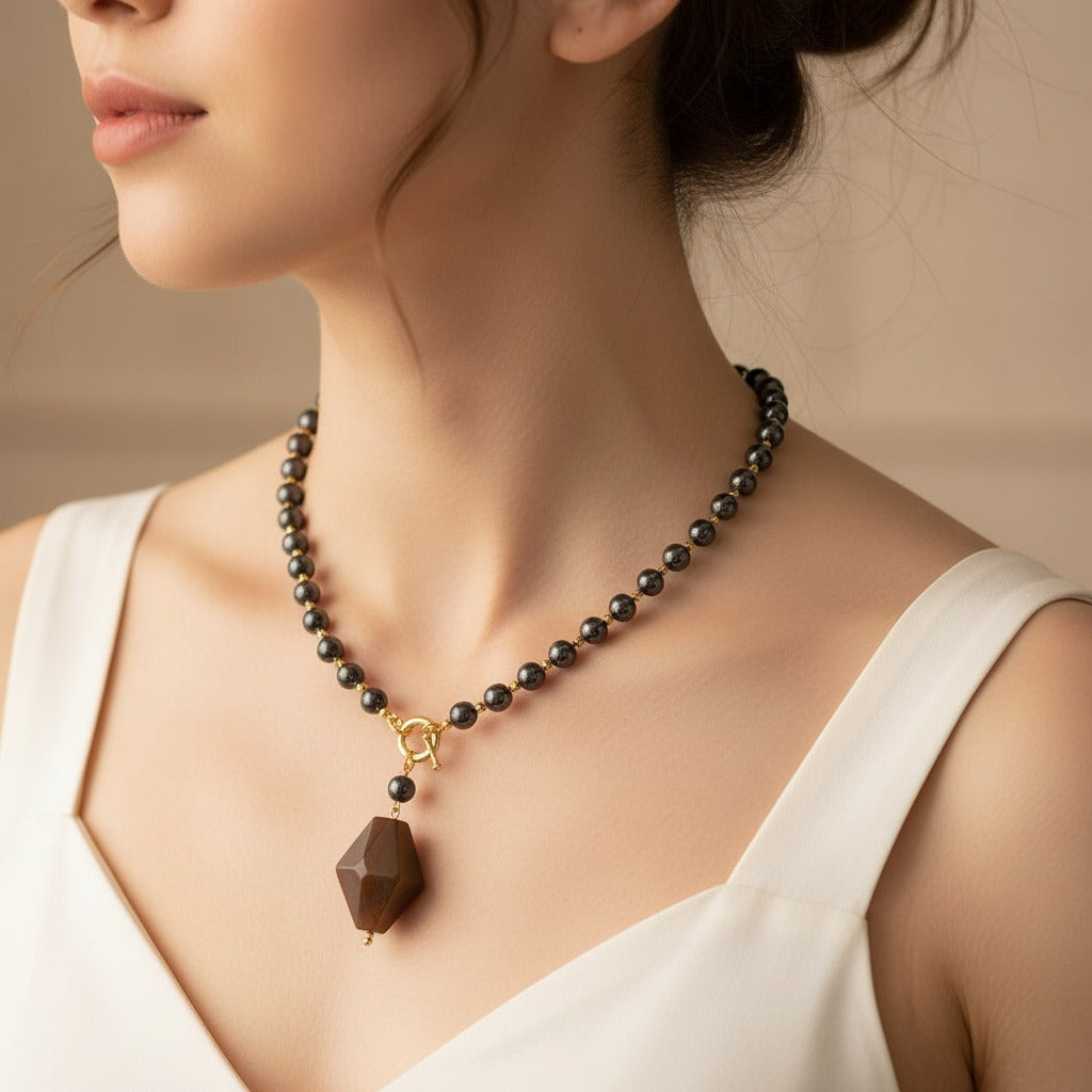 Black Tourmaline Beaded (Single Layer) Necklace with Geometric Pendant for Protection & Aura Cleansing