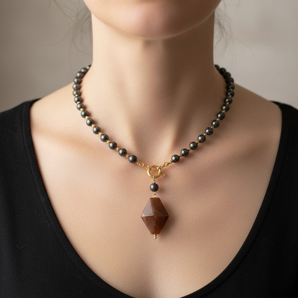 Black Tourmaline Beaded (Single Layer) Necklace with Geometric Pendant for Protection & Aura Cleansing