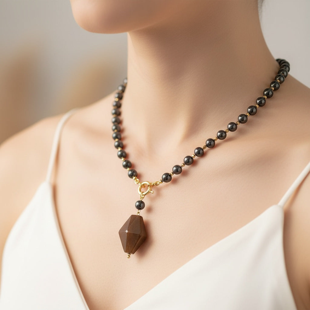 Black Tourmaline Beaded (Single Layer) Necklace with Geometric Pendant for Protection & Aura Cleansing