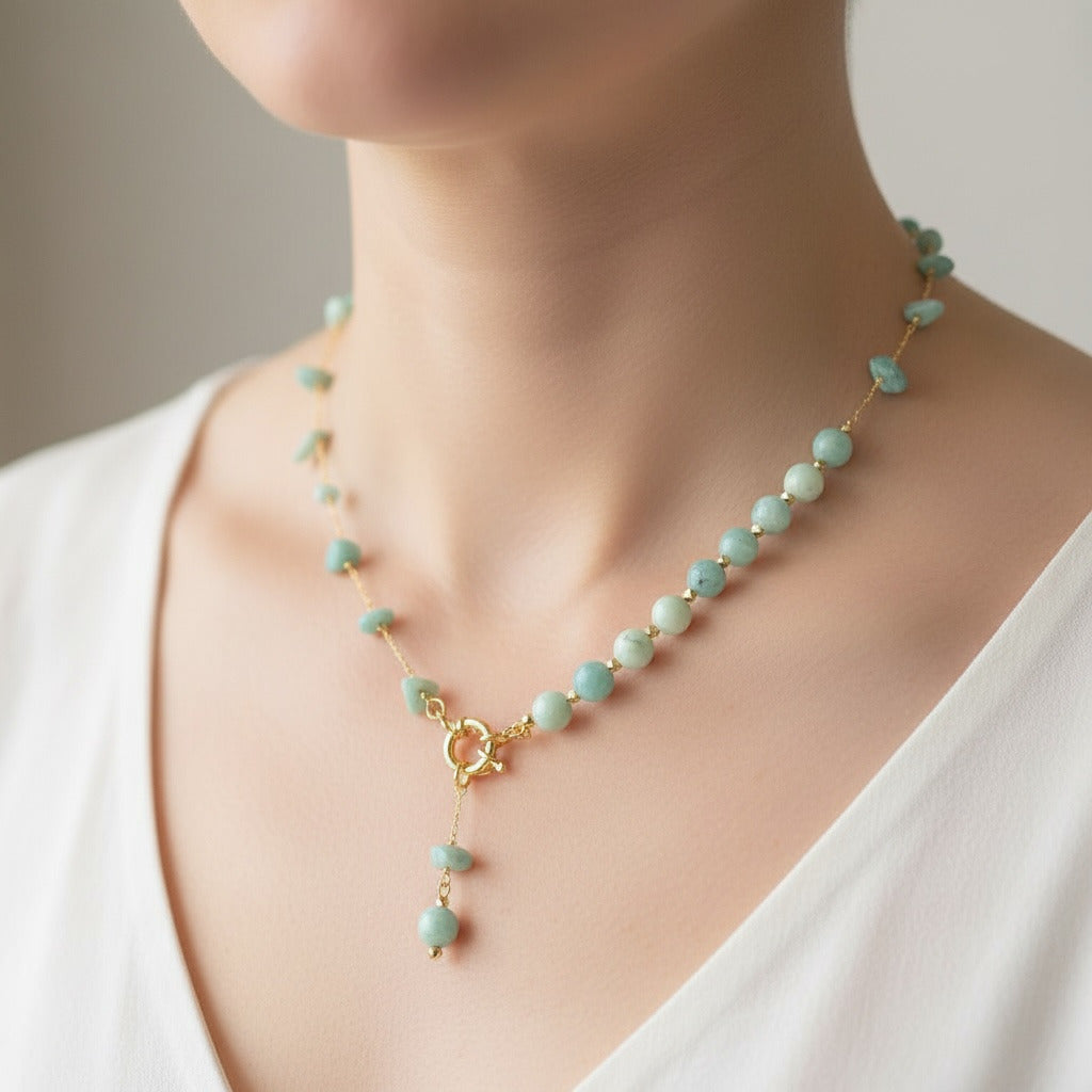Amazonite Chips & Beaded Stone with Golden Y-Chain Necklace